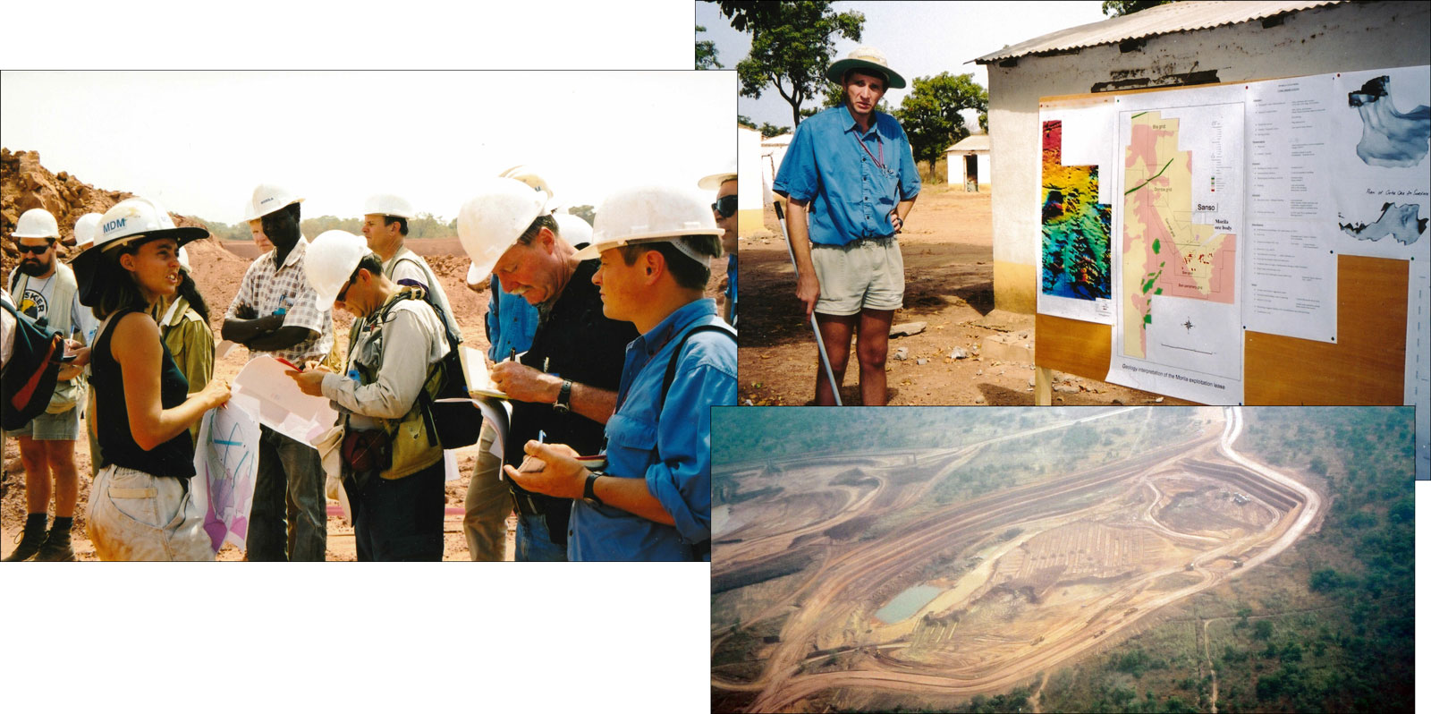 [Garrick Mullin of Anglogold thoroughly briefs the group on the geology and mineralisation at Morila, Mali with images and maps.]